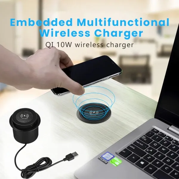 شاحن لاسلكي وايرليس مدمج في اثاث المنزل مع مخرجين USB بقوة 18 واط