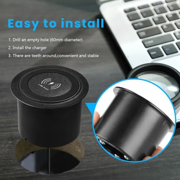 شاحن لاسلكي وايرليس مدمج في اثاث المنزل مع مخرجين USB بقوة 18 واط