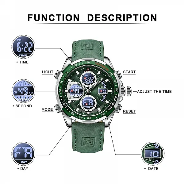 NAVIFORCE Men's Casual Watch with Leather Strap, Digital Numbers with Gregorian Calendar, Genuine 