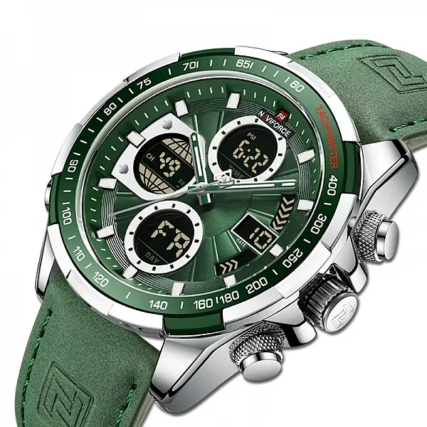 NAVIFORCE Men's Casual Watch with Leather Strap, Digital Numbers with Gregorian Calendar, Genuine 