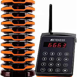 نظام نداء لاسلكي للمطاعم Retekess TD156 - جهاز استدعاء بـ 10 اجرس، مع هزاز إنذار عند الخروج من النطاق، مقاوم للماء للمقاهي والمطاعم 