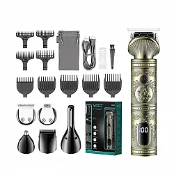 A professional rechargeable metal vintage V-106 grooming kit includes a hair trimmer, 6-in-1 hair clipper, nose trimmer, and body trimmer