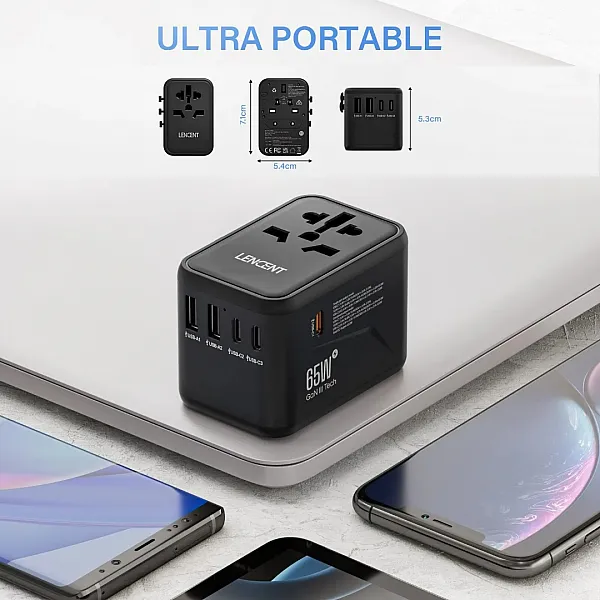 فيش جداري عالمي للسفر يدعم مختلف انواع الافياش GaN III شحن سريع بقوة 65 واط مع منفذين USB و3 USB-C متوافق مع اجهزة الايفون والسامسونج والابتوب EU AU US UK 