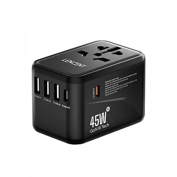 فيش جداري عالمي للسفر يدعم مختلف انواع الافياش GaN III شحن سريع بقوة 65 واط مع منفذين USB و3 USB-C متوافق مع اجهزة الايفون والسامسونج والابتوب EU AU US UK 