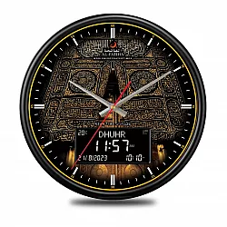 Digital Azan clock with Hijri and Gregorian calendars, multiple Athan sounds, temperature display, and multi-language support