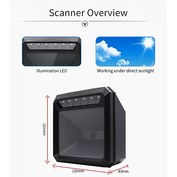 ماسح باركود متعدد الاتجاهات MP7000 - يدعم باركودات 1D و2D بما فيها QR وData Matrix، سرعة مسح عالية، مقاوم للماء والغبار