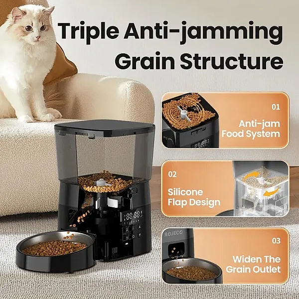ROJECO Automatic Pet Feeder Button Version, Auto Cat Food Dispenser, Accessories Smart Control Pet Feeder for Cats, Dogs, Dry Food