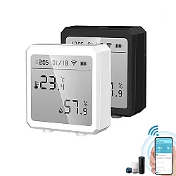 ONENUO Smart Life WIFI Thermostat Hygrometer Sensor detects humidity and temperature, connects via Wi-Fi, and is compatible with Tuya, Alexa, and Google. It includes an LCD display